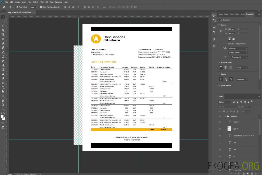 Modèle de relevé bancaire Andorra BancSabadell d’Andorra au format Excel et PDF template